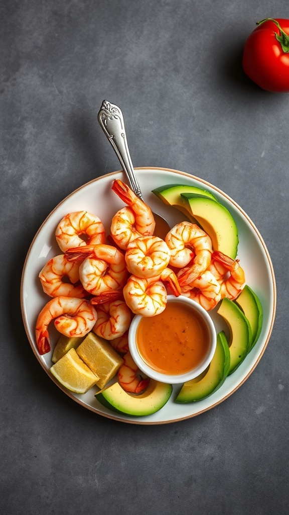 A plate of shrimp cocktail with avocado slices and dipping sauce.