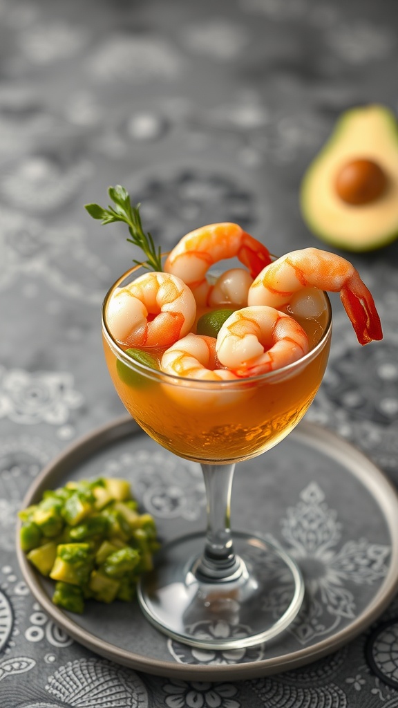 A glass of shrimp cocktail garnished with avocado salsa on a plate.