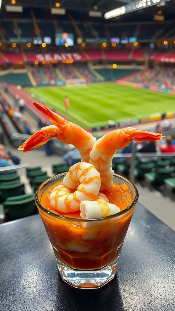 A glass of shrimp cocktail with zesty sauce at a sports stadium