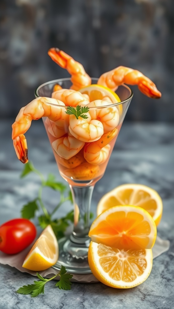 A close-up of a shrimp cocktail in a glass with zesty sauce and lemon.