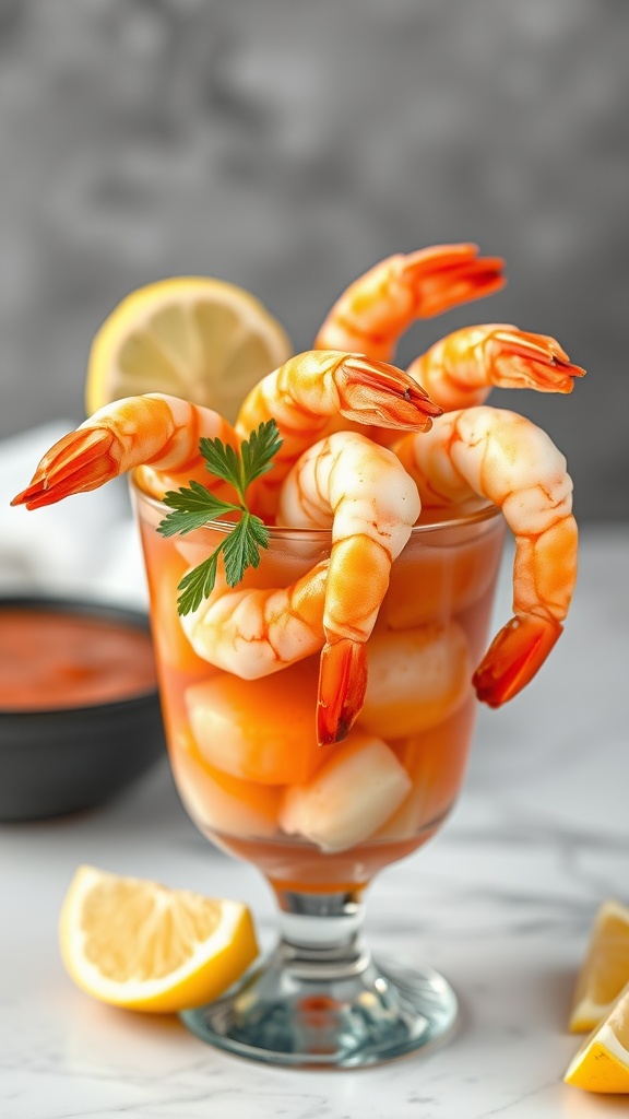 A glass of shrimp cocktail garnished with lemon slices and fresh herbs.