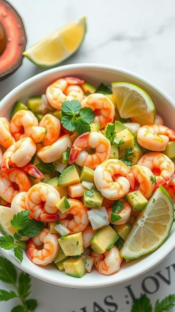 Bowl of shrimp salad with avocado and lime garnished with fresh herbs.