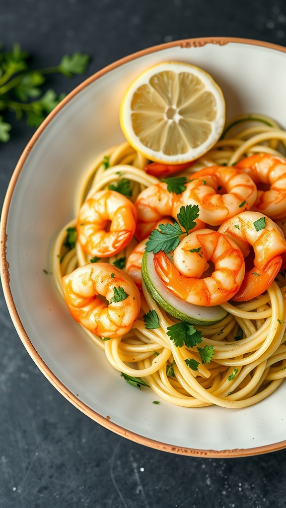 A plate of shrimp scampi with zoodles, garnished with lemon and parsley.