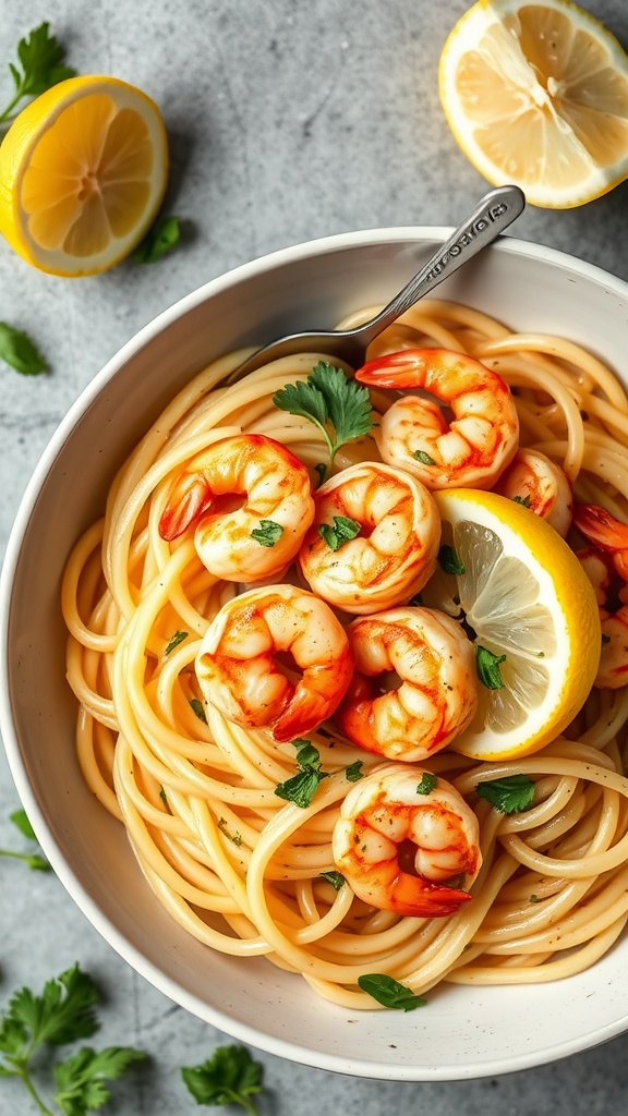 A bowl of shrimp scampi served with zoodles, garnished with lemon and herbs.