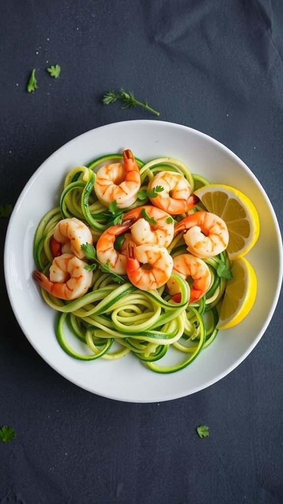 A bowl of shrimp scampi served over zoodles with lemon slices and cilantro.