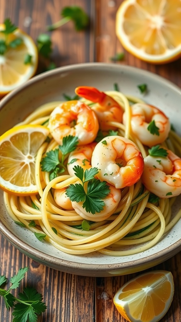 A plate of shrimp scampi with zoodles, garnished with parsley and lemon slices.