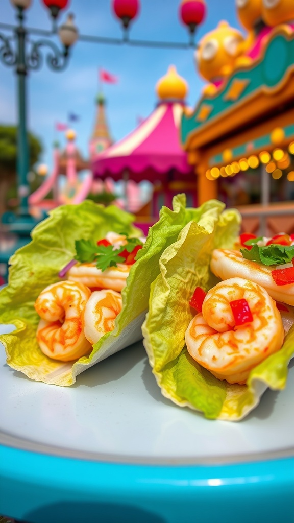 Shrimp tacos wrapped in lettuce with colorful toppings