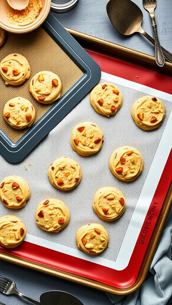 Silicone baking mat with low-carb cookies on a tray.