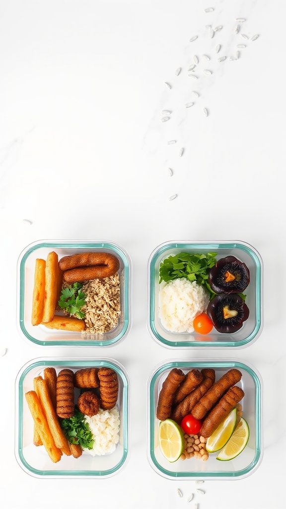 Four single-serve meal prep containers filled with different keto meals.