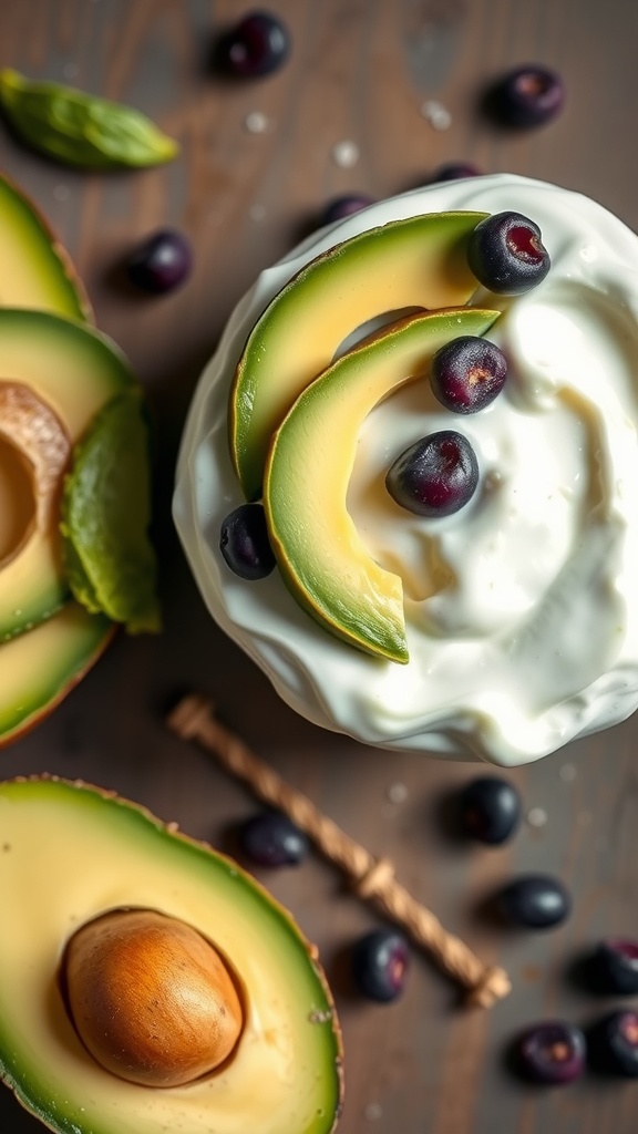 A bowl of yogurt topped with sliced avocado and blueberries on a wooden surface.