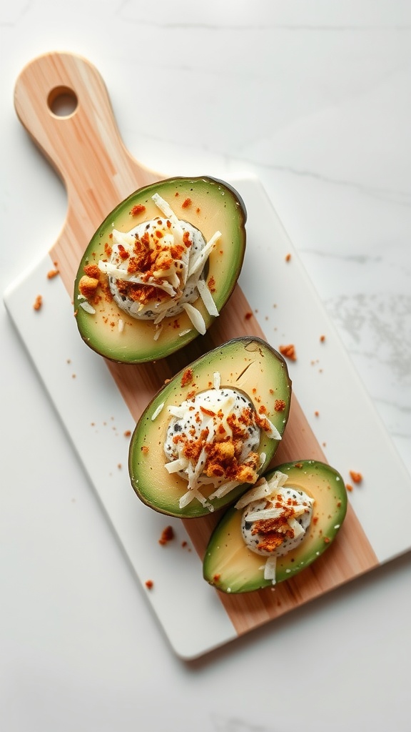 Halved avocados filled with toppings on a wooden cutting board.