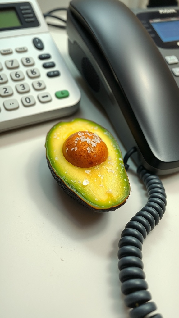 Sliced avocado with sea salt next to a phone on an office desk.