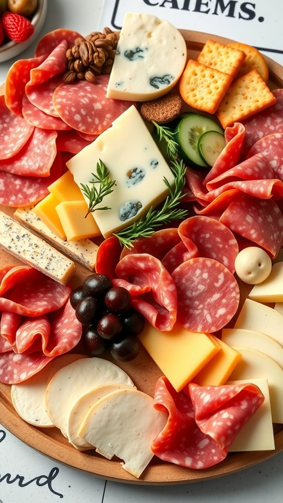 A platter featuring sliced salami, various cheeses, nuts, and cucumbers.