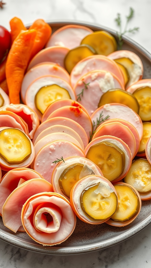 A platter of sliced turkey and Swiss roll-ups with pickles.