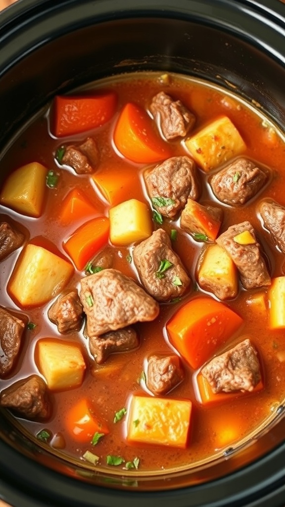 A close-up of slow cooker beef stew with meat, potatoes, and carrots in broth.