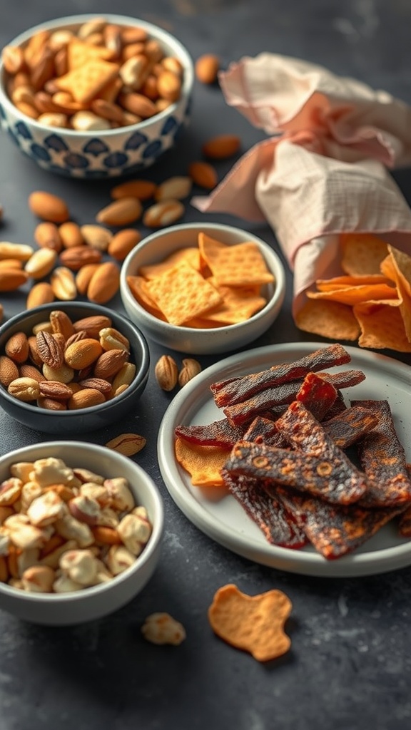 An assortment of keto-friendly snacks including nuts, cheese crisps, and beef jerky on a dark background.