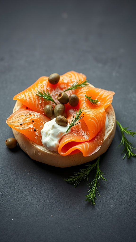 Smoked salmon and cream cheese bagel with capers and dill