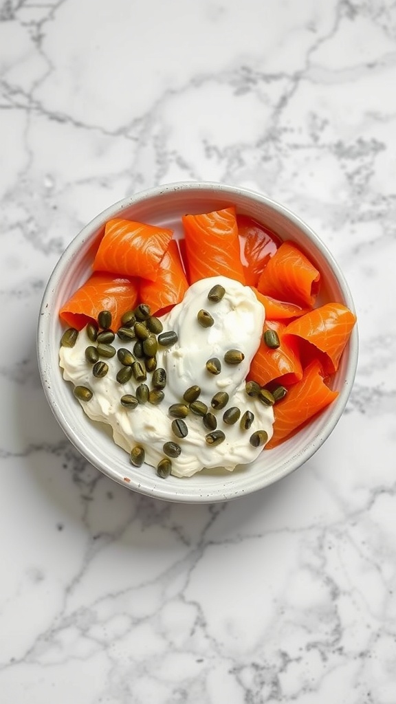 A bowl filled with smoked salmon, cream cheese, and pumpkin seeds on a marble surface.