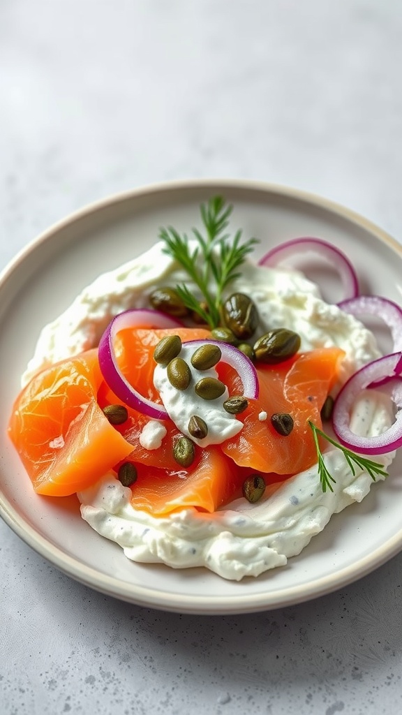 A plate with smoked salmon, cream cheese, red onion, and capers.