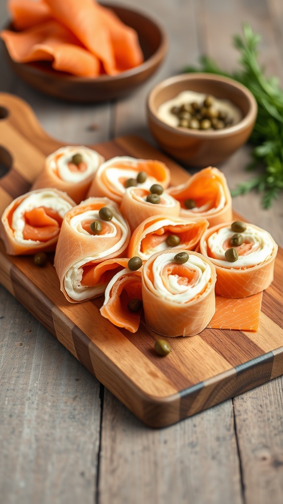 Platter of smoked salmon and cream cheese roll-ups garnished with capers and herbs.