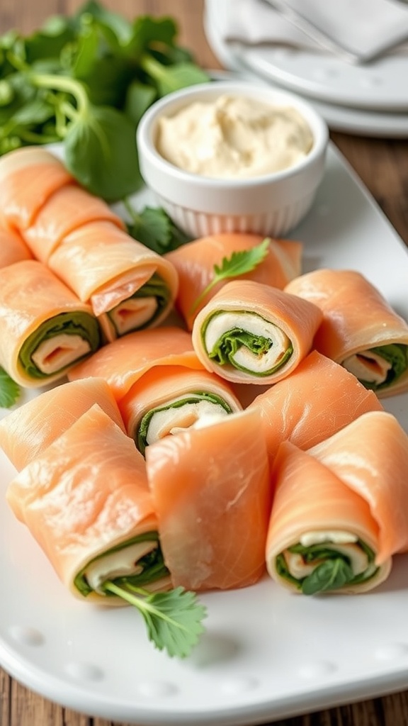 Smoked salmon and spinach roll-ups on a plate with a side of dip.