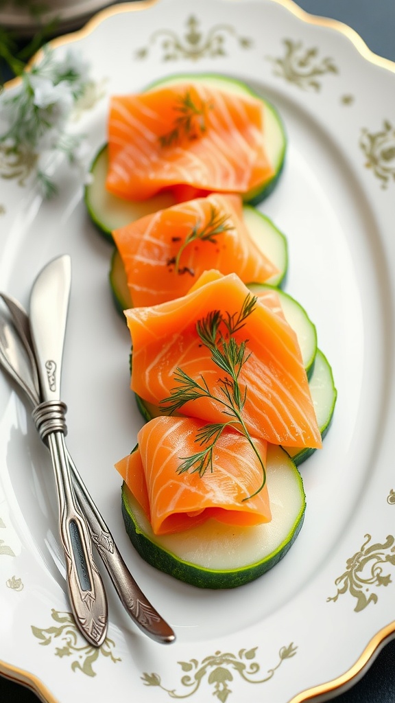 A plate of smoked salmon on cucumber slices garnished with dill.