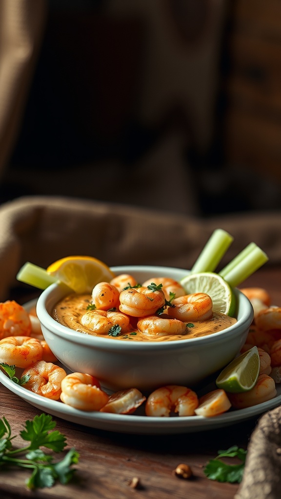 A bowl of creamy smoky chipotle shrimp dip garnished with lemon and lime slices, surrounded by shrimp and fresh herbs.