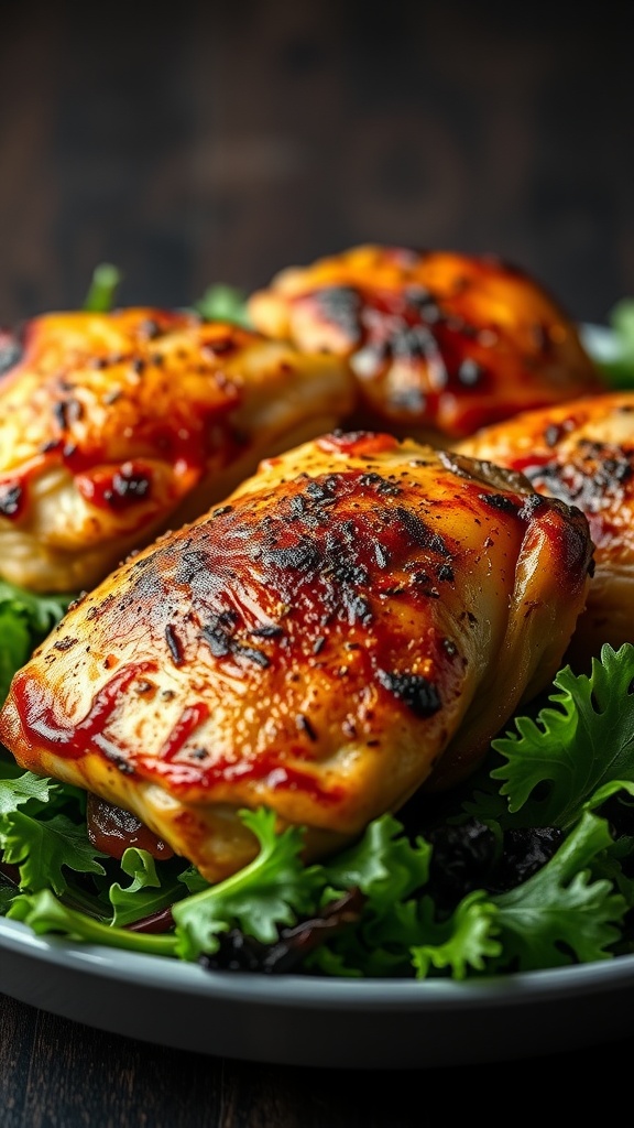 Plate of smoky paprika chicken thighs on a bed of lettuce.