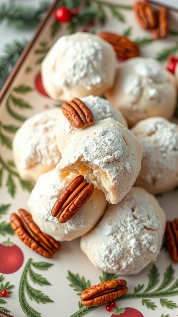 A plate of snowball cookies with pecans, dusted with powdered sugar.