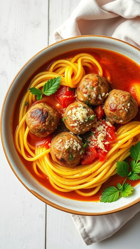 A bowl of spaghetti squash and meatball soup with meatballs, tomatoes, and herbs.