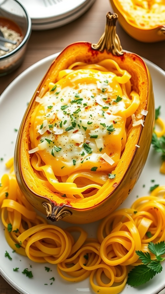 A fork twirling spaghetti squash topped with a creamy sauce and herbs in a squash shell.