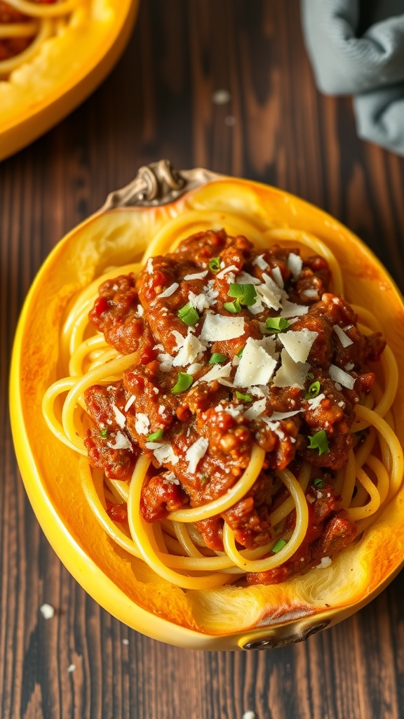 A serving of spaghetti squash bolognese served in a hollowed-out spaghetti squash.