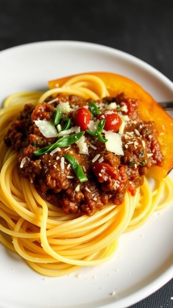 A plate of spaghetti squash topped with bolognese sauce, garnished with cherry tomatoes and herbs.
