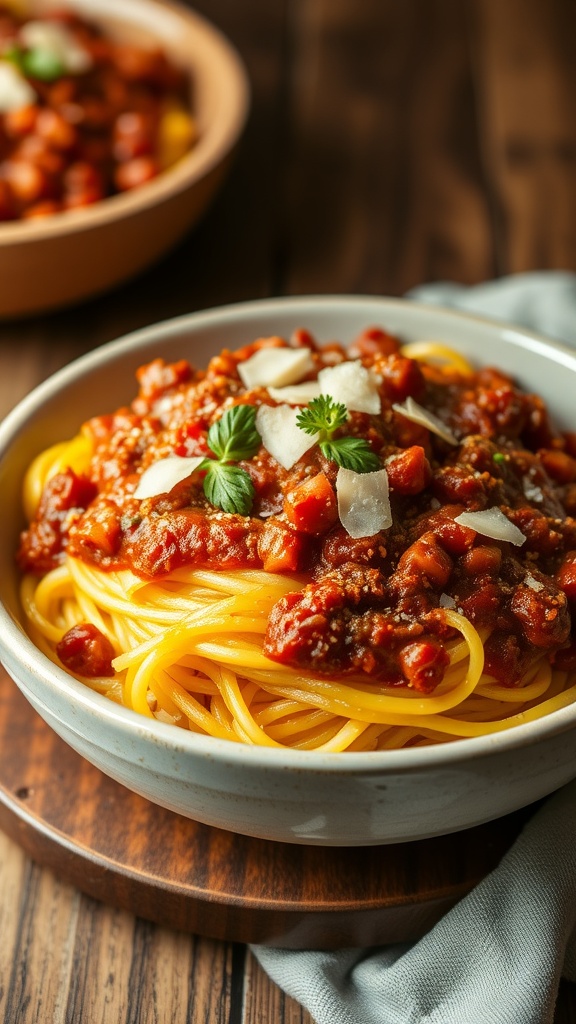 A bowl of spaghetti squash topped with bolognese sauce and cheese