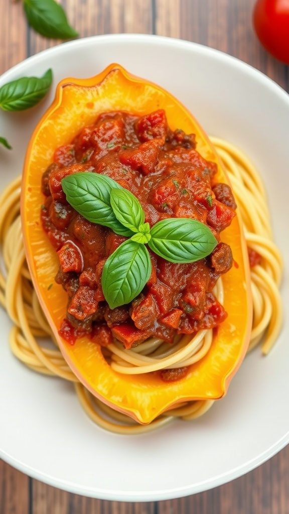 A bowl of spaghetti squash topped with Bolognese sauce and garnished with fresh basil.