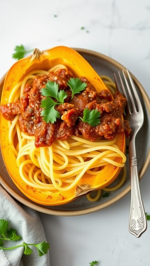 Plate of spaghetti squash topped with bolognese sauce and garnished with parsley.