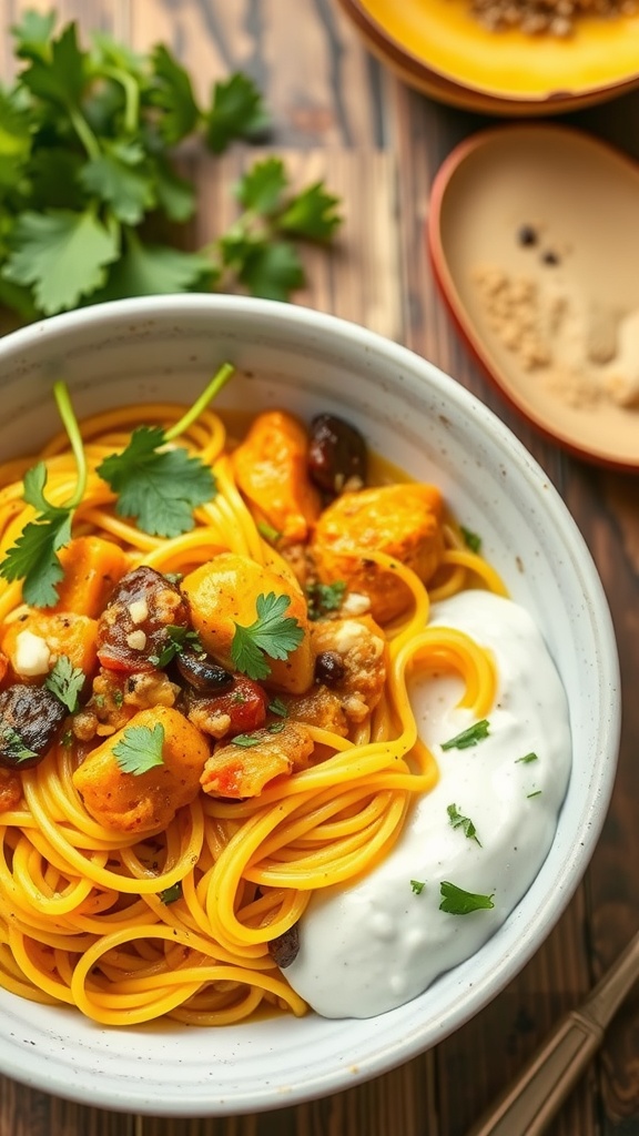 A bowl of spaghetti squash curry topped with herbs and yogurt.