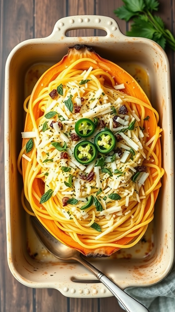 Baked spaghetti squash topped with cheese, jalapeños, and herbs in a dish