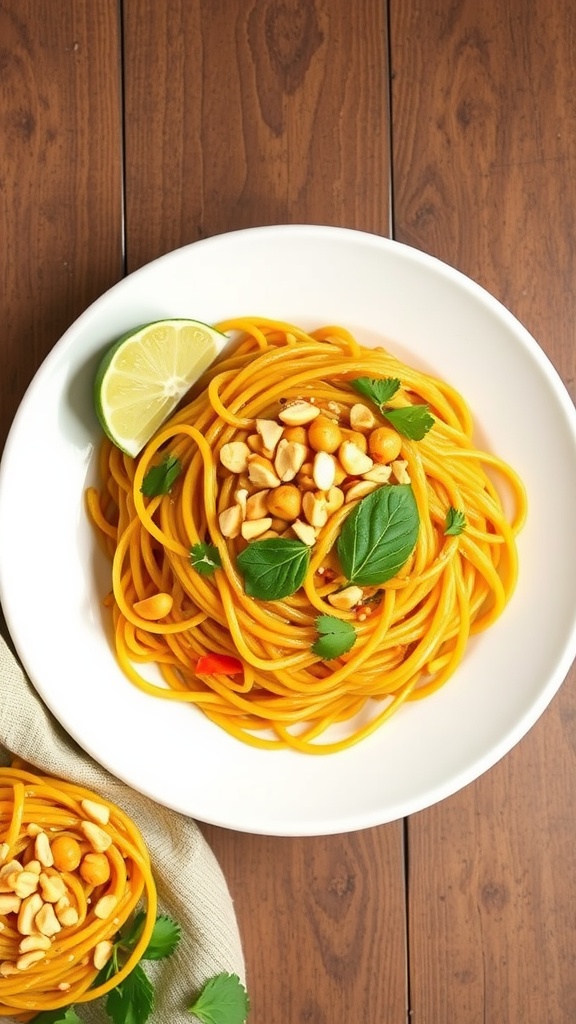 A bowl of spaghetti squash Pad Thai with lime and peanuts