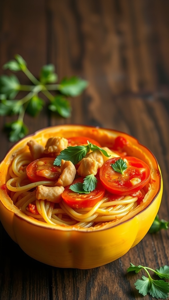 A spaghetti squash pizza bowl filled with pasta, tomatoes, and chicken garnished with fresh herbs.