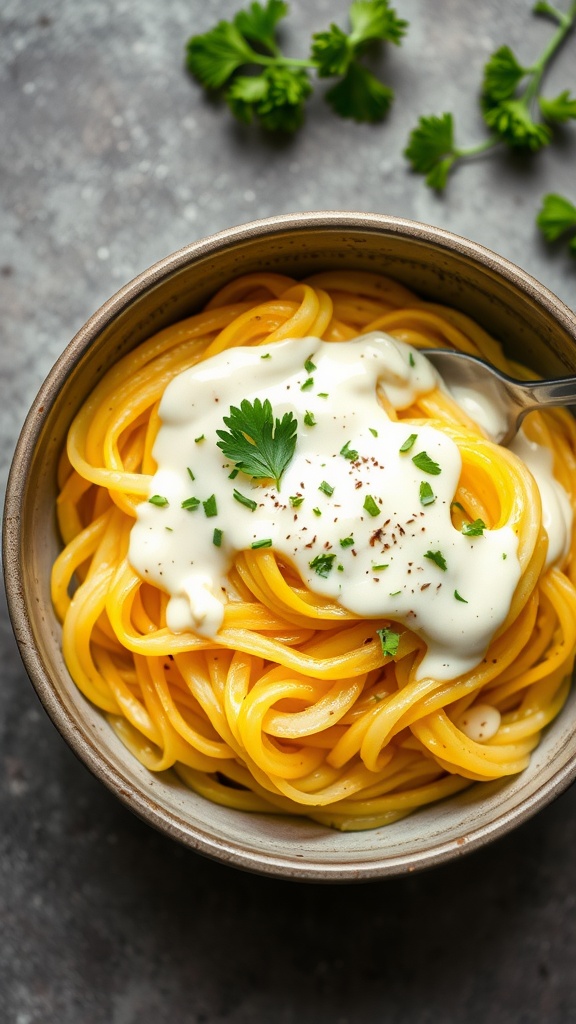 A bowl of spaghetti squash topped with Alfredo sauce and garnished with parsley.