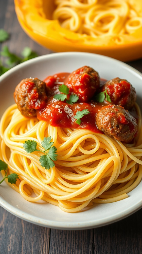 A bowl of spaghetti squash topped with marinara sauce and meatballs, garnished with fresh herbs.