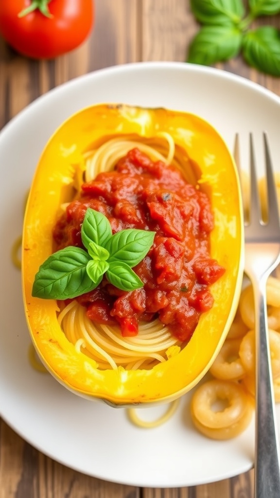 A plate of spaghetti squash topped with marinara sauce and basil leaves, served as a keto-friendly comfort food dish.