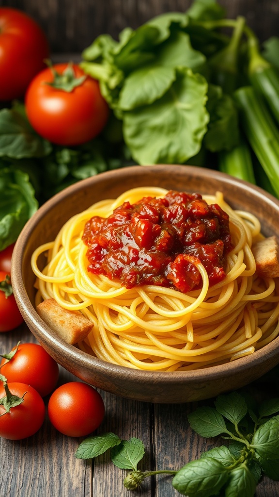 A bowl of spaghetti squash topped with marinara sauce, surrounded by fresh tomatoes and greens.