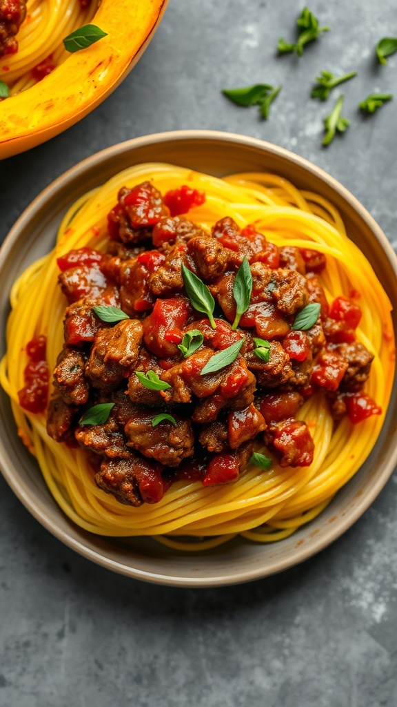 A plate of spaghetti squash topped with meat sauce and garnished with herbs.