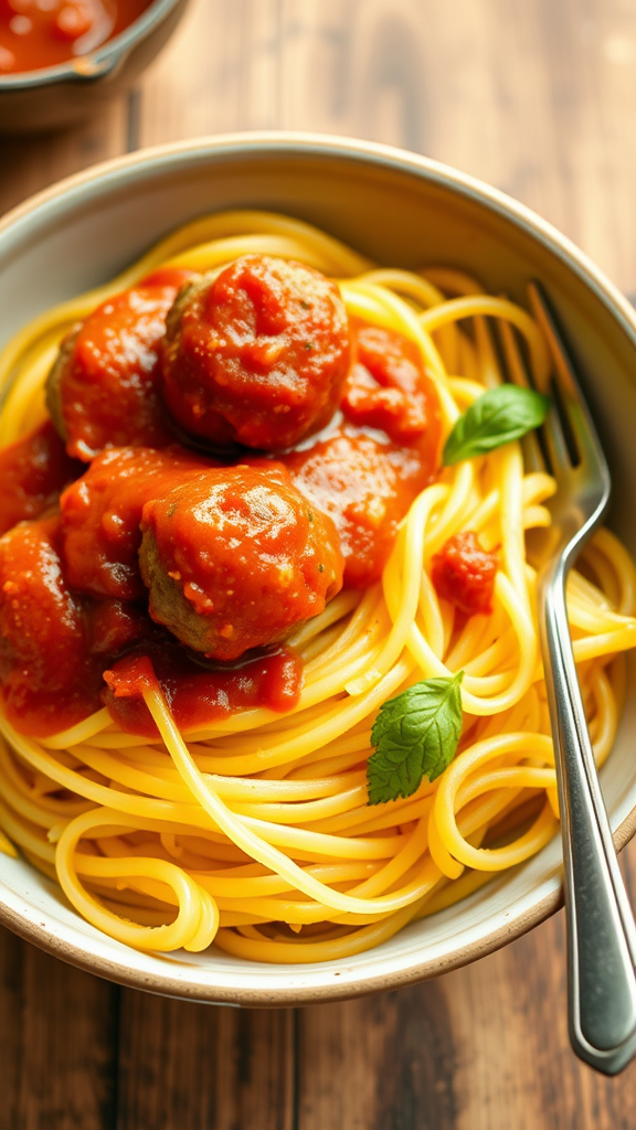 A bowl of spaghetti squash topped with meatballs and marinara sauce.