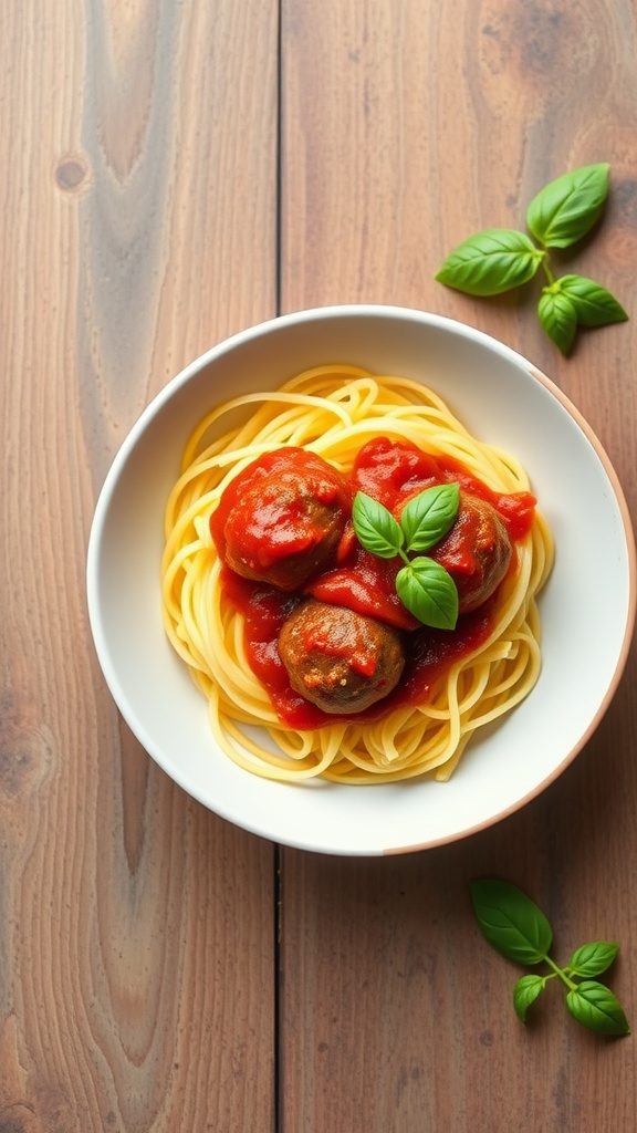 A bowl of spaghetti squash topped with meatballs and marinara sauce, garnished with fresh basil.