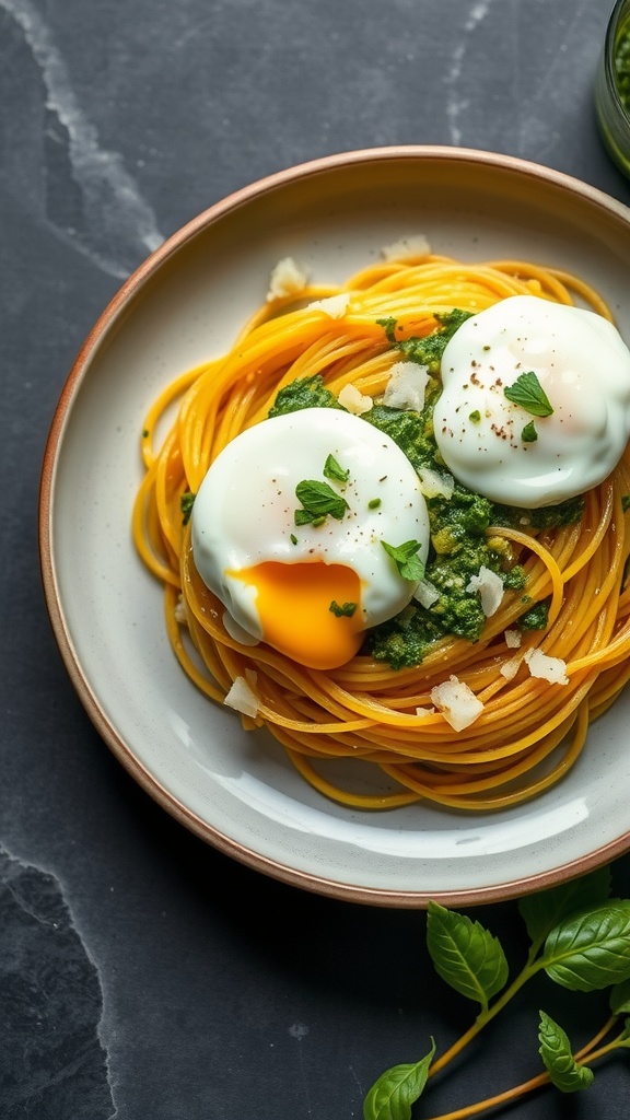 A dish featuring spaghetti squash topped with pesto and two poached eggs.