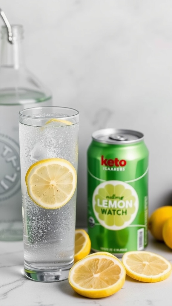 A glass of sparkling water with lemon slices next to a can of soda.