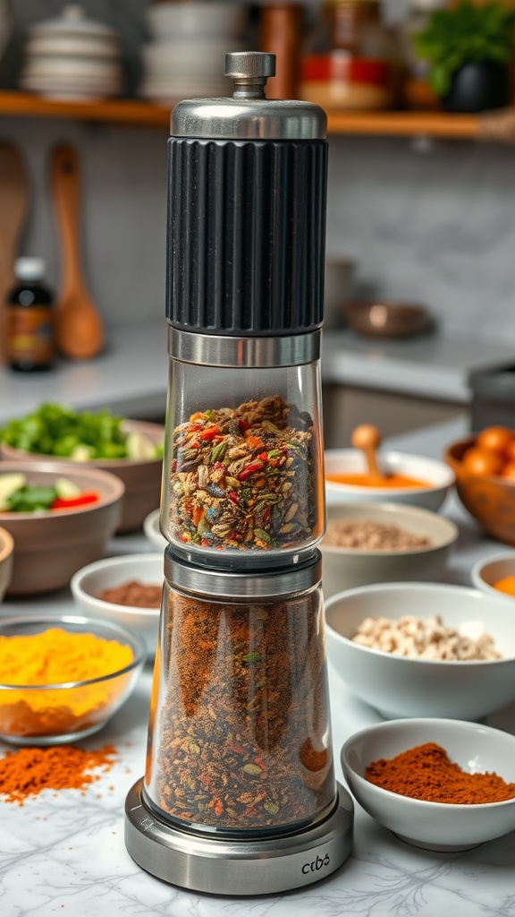 A spice grinder filled with colorful spices on a kitchen countertop.